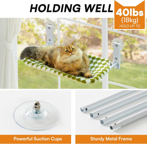 MEWOOFUN Cat Window Hammock With Steel Frame And Strong Suction Cups - Medium Green Indoor Cat Perch Seat